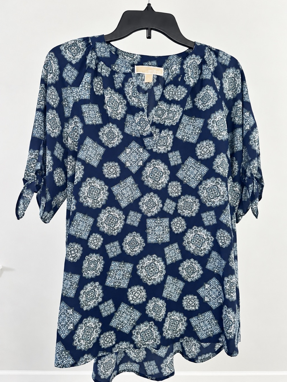 Michael Kors Navy Blue Patterned Tie-Sleeve Tunic